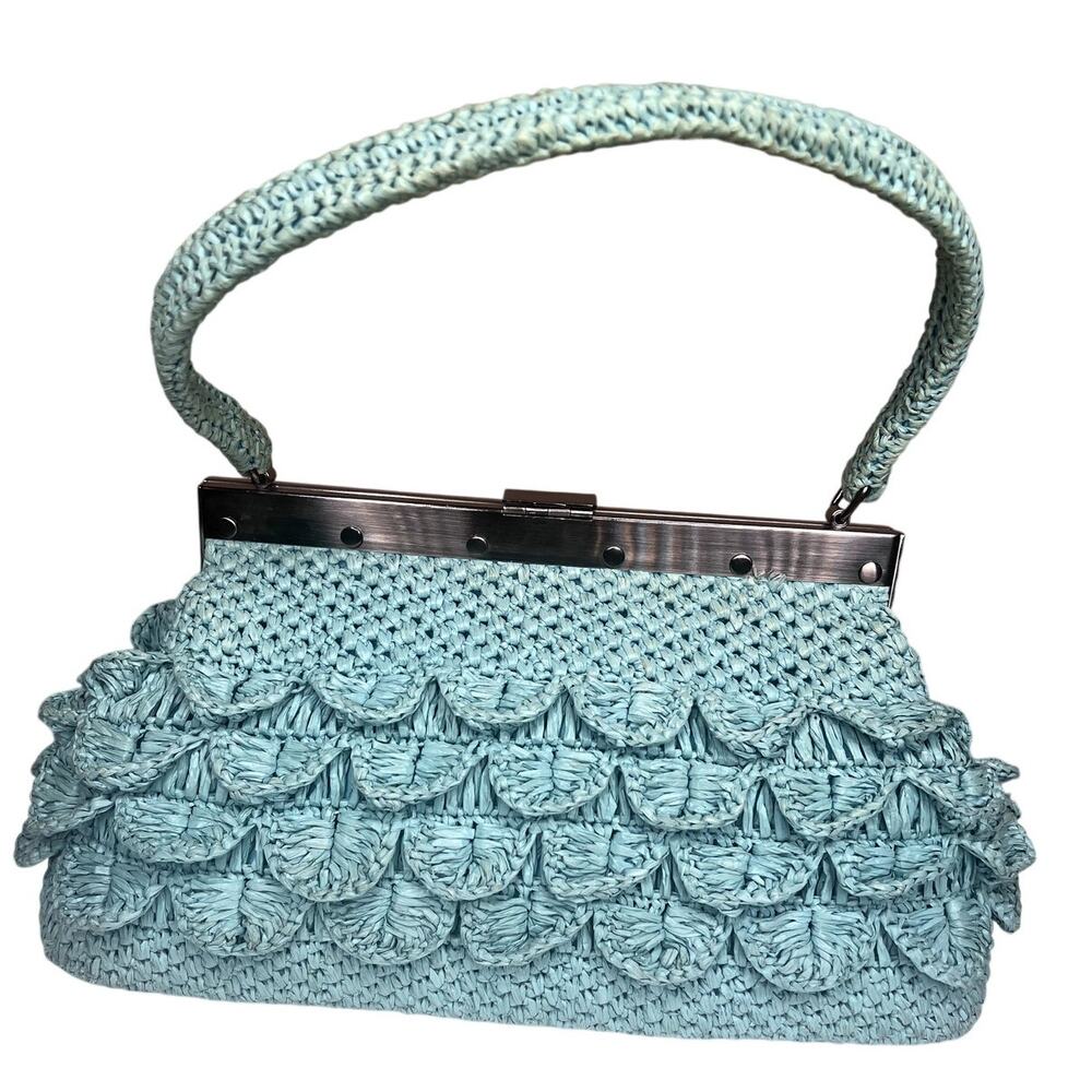 Patricia Nash Aqua Woven Raffia Frame Bag Scalloped Crochet Handbag Turquoise - Picture 3 of 7